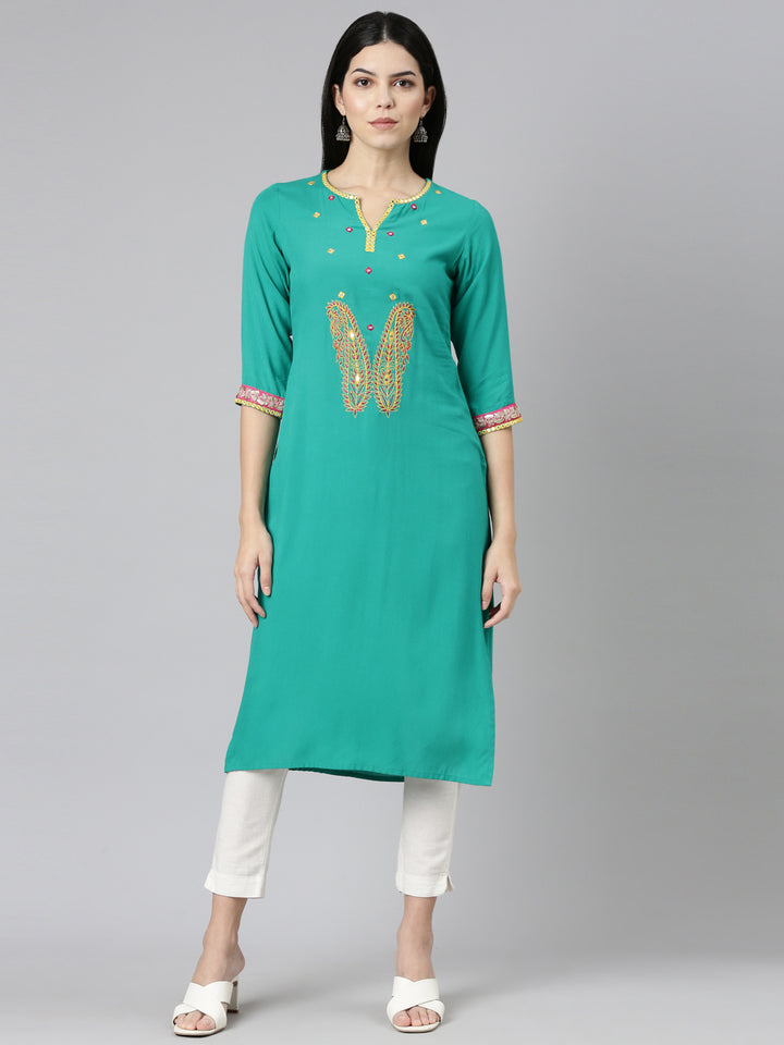 Neerus Green Regular Straight Solid Kurta