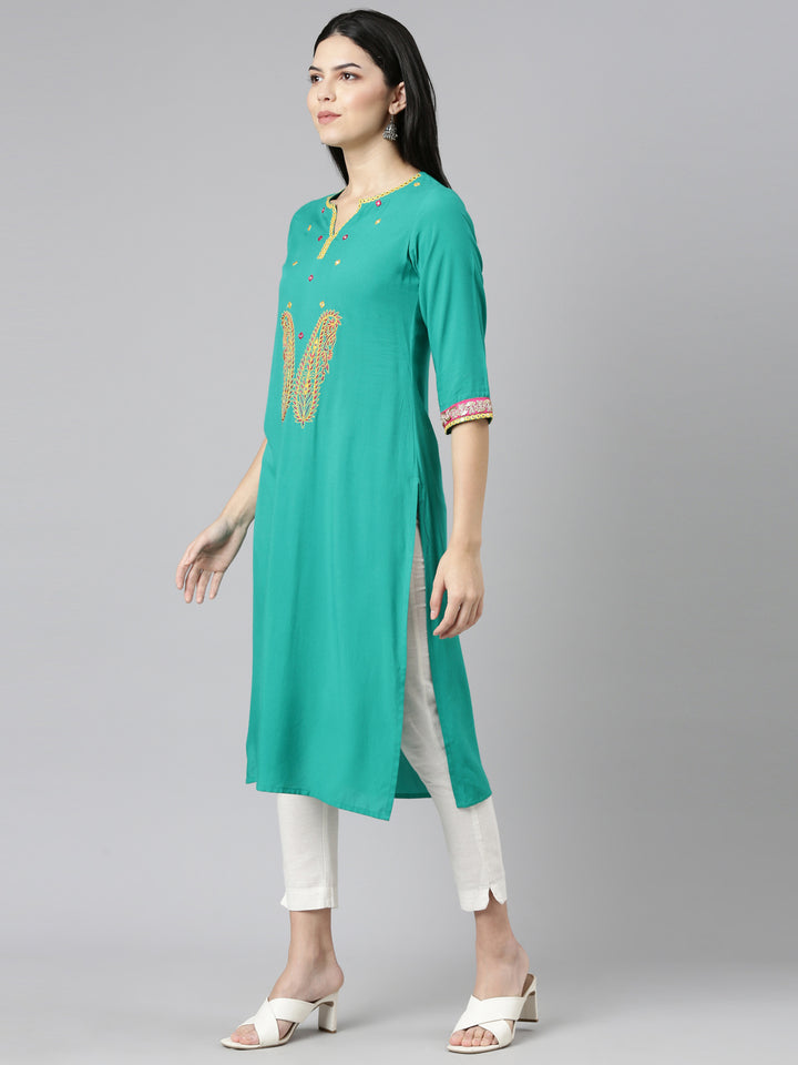 Neerus Green Regular Straight Solid Kurta