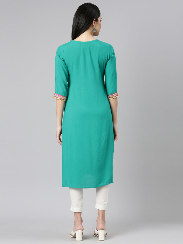 Neerus Green Regular Straight Solid Kurta
