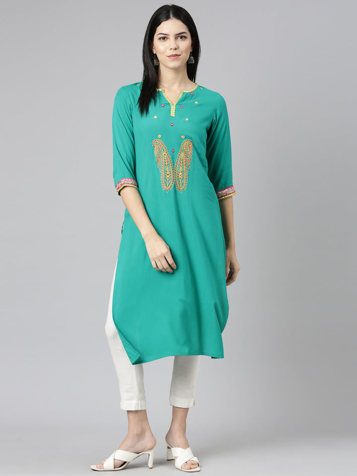 Neerus Green Regular Straight Solid Kurta