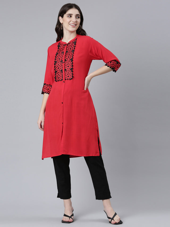 Neerus Red Regular Straight Solid Kurta