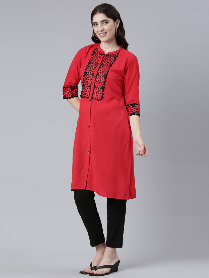 Neerus Red Regular Straight Solid Kurta
