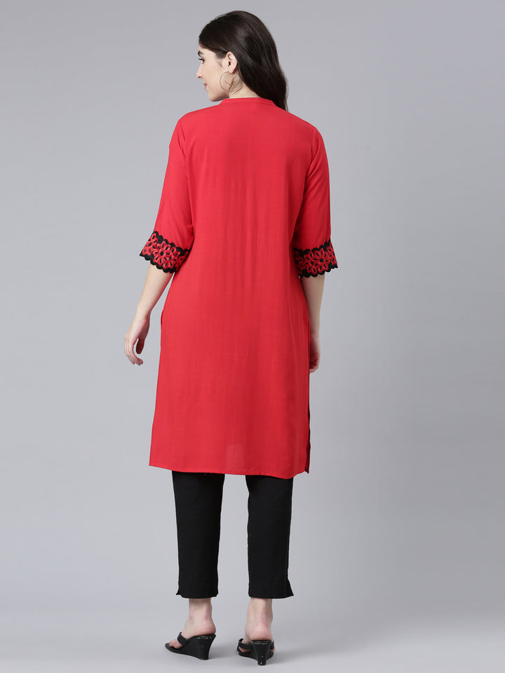 Neerus Red Regular Straight Solid Kurta