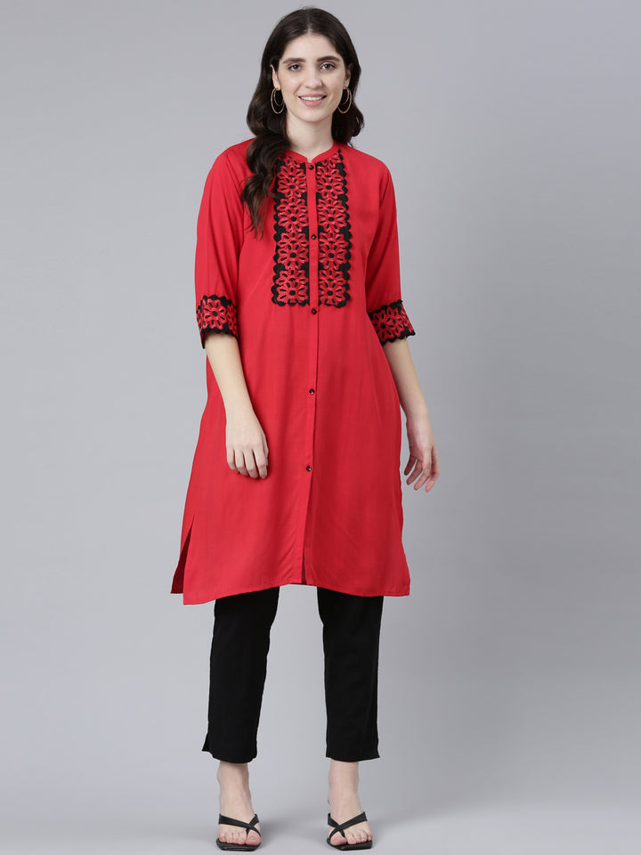 Neerus Red Regular Straight Solid Kurta
