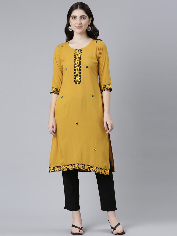 Neerus Mustard Regular Straight Solid Kurta