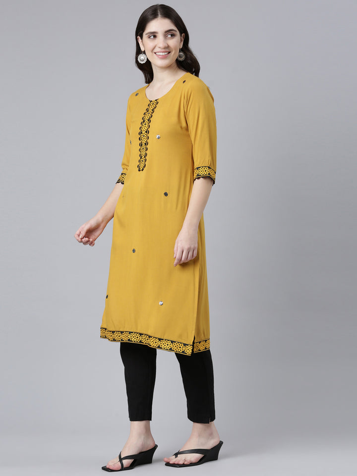 Neerus Mustard Regular Straight Solid Kurta