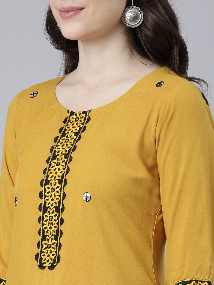 Neerus Mustard Regular Straight Solid Kurta