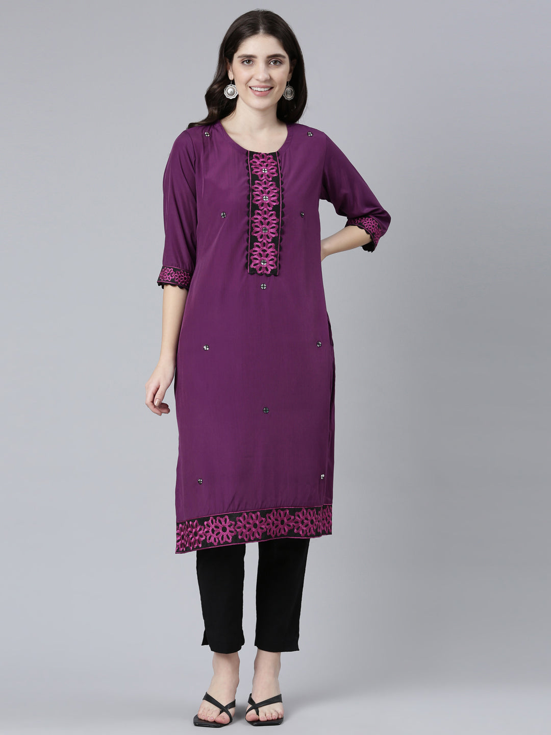 Neerus Purple Regular Straight Solid Kurtas