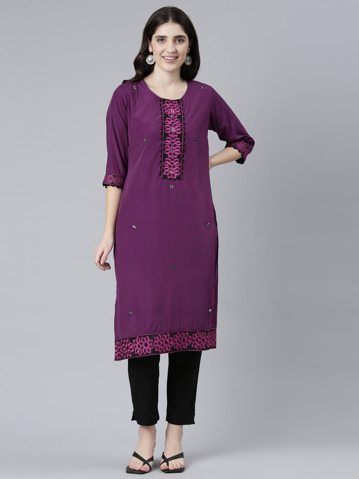 Neerus Purple Regular Straight Solid Kurtas