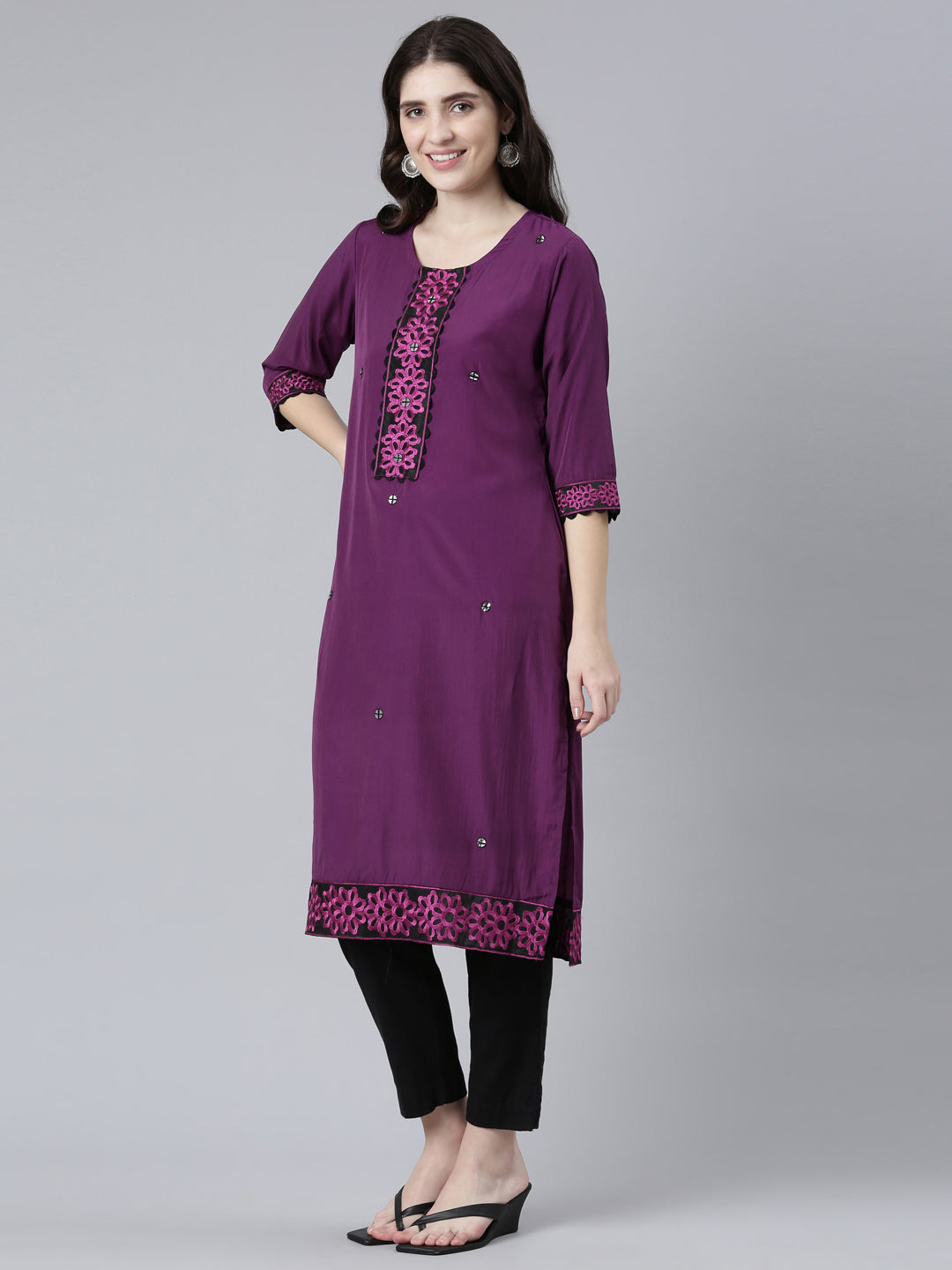 Neerus Purple Regular Straight Solid Kurtas