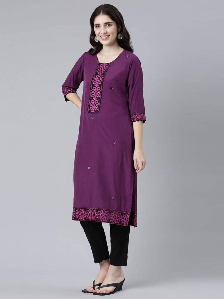 Neerus Purple Regular Straight Solid Kurtas