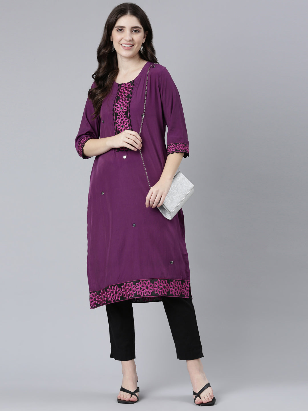 Neerus Purple Regular Straight Solid Kurtas