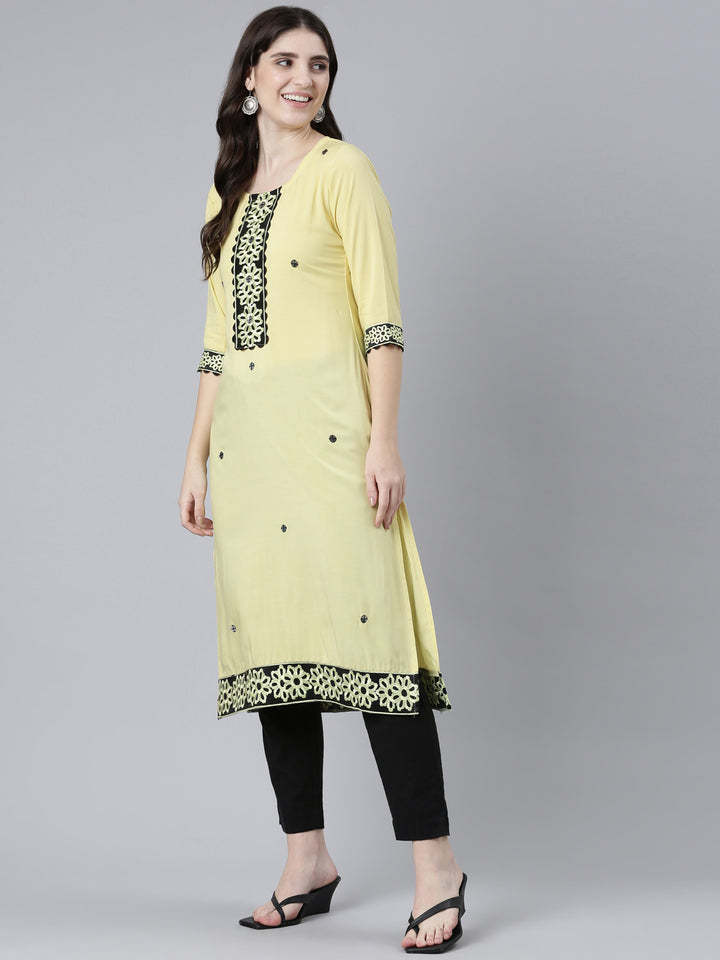 Neerus Yellow Regular Straight Solid Kurtas