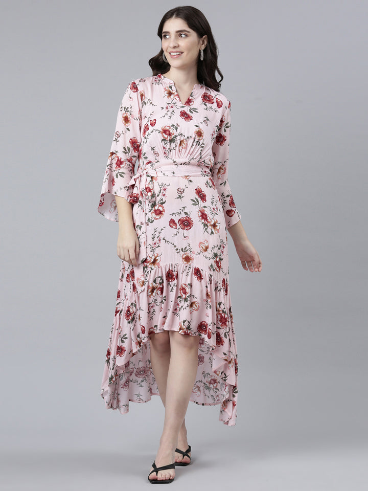 Neerus Pink High-Low Casual Printed Dress