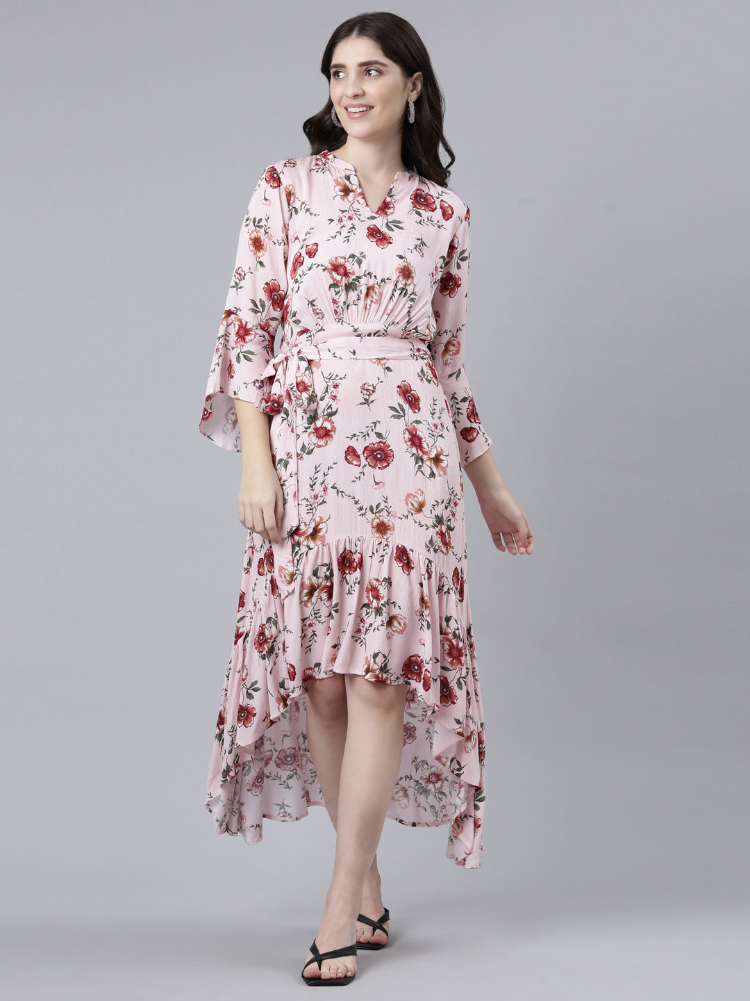 Neerus Pink High-Low Casual Printed Gown