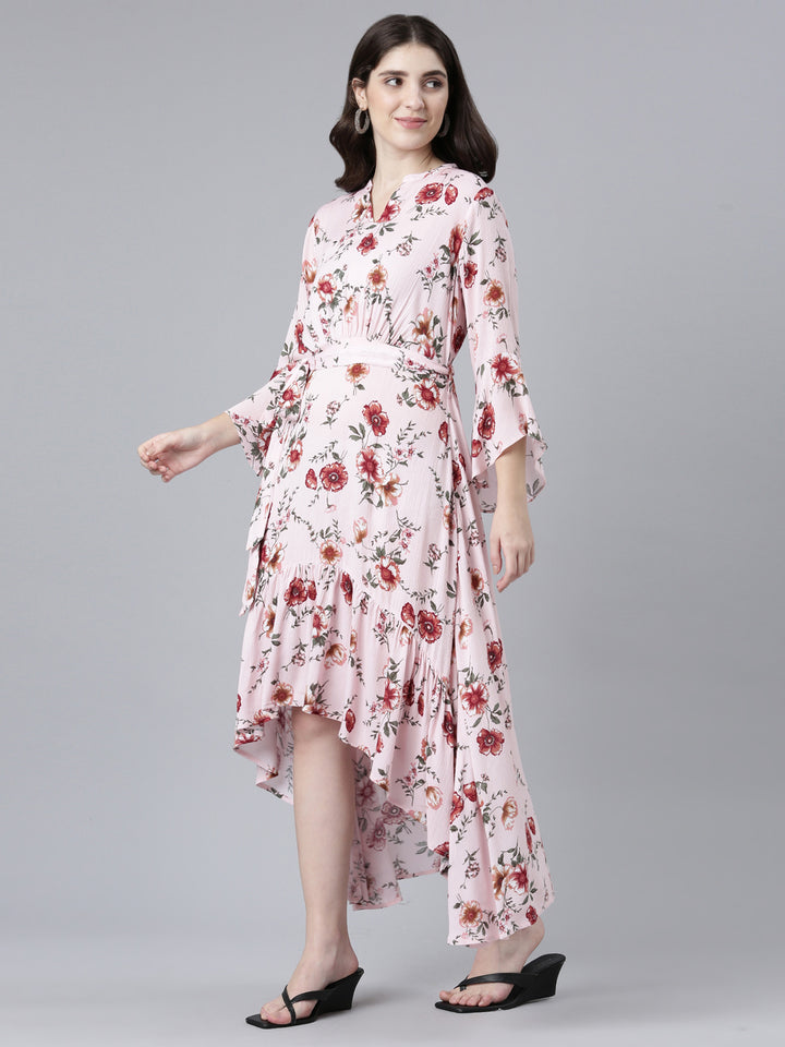 Neerus Pink High-Low Casual Printed Dress