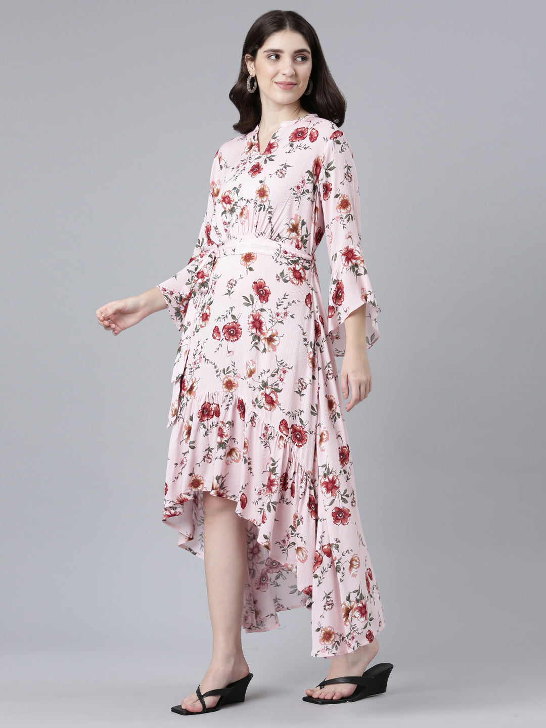 Neerus Pink High-Low Casual Printed Gown