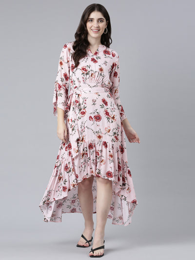 Neerus Pink High-Low Casual Printed Gown