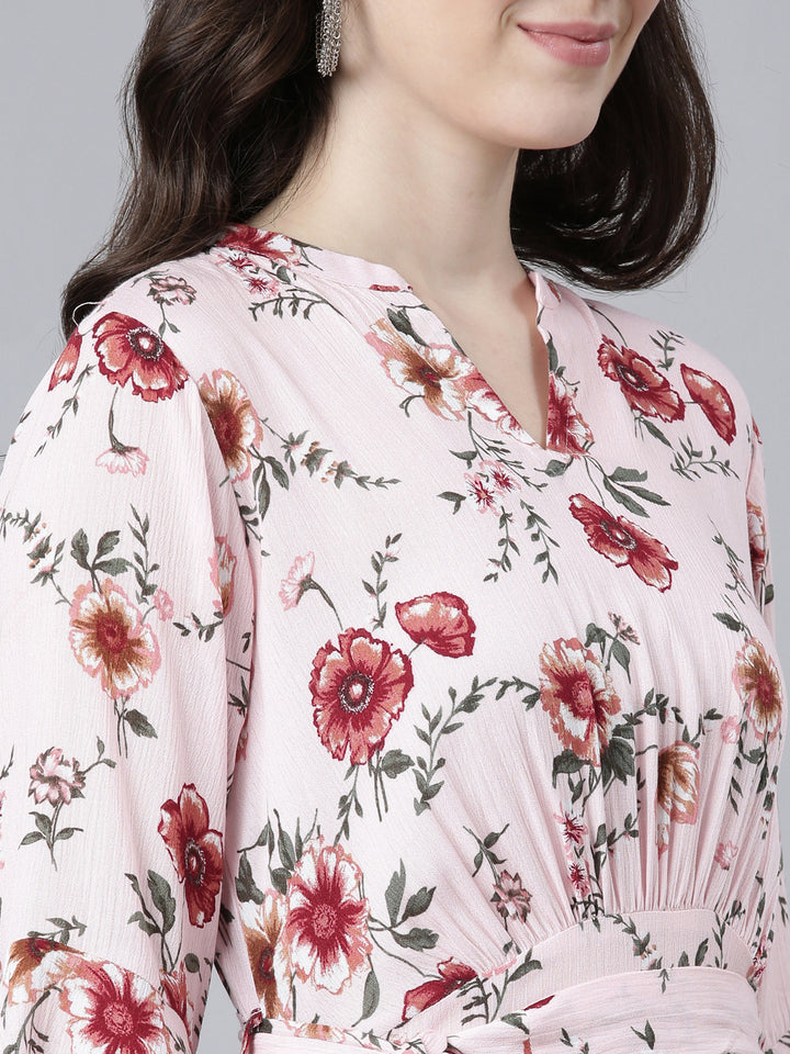 Neerus Pink High-Low Casual Printed Dress