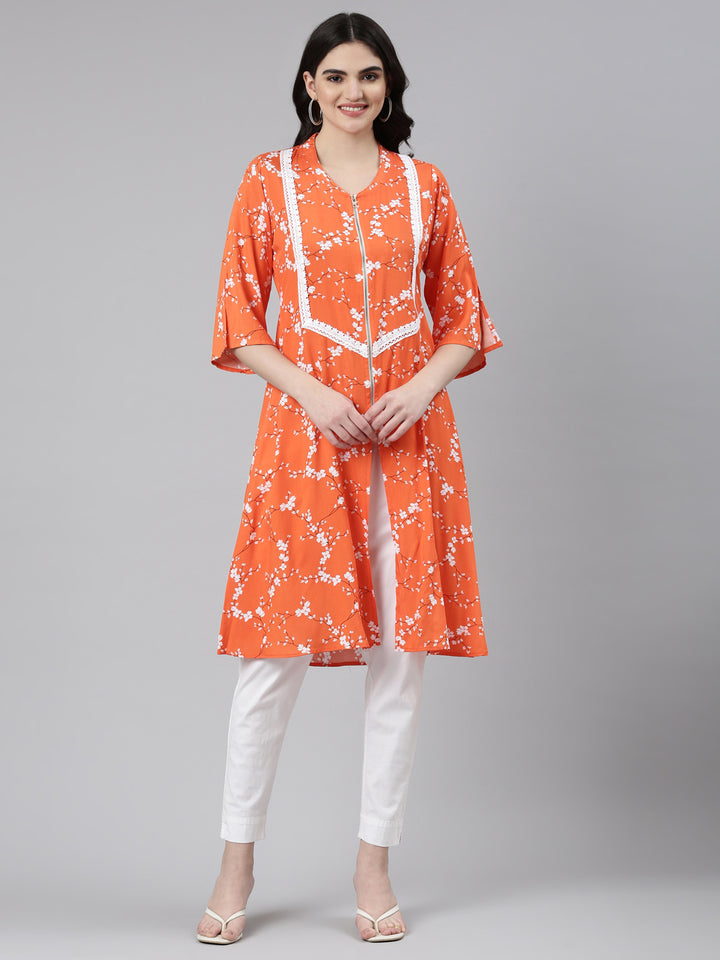 Neerus Orange Regular Straight Solid Kurta
