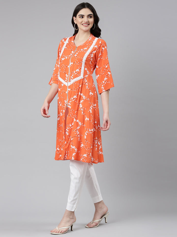 Neerus Orange Regular Straight Solid Kurta
