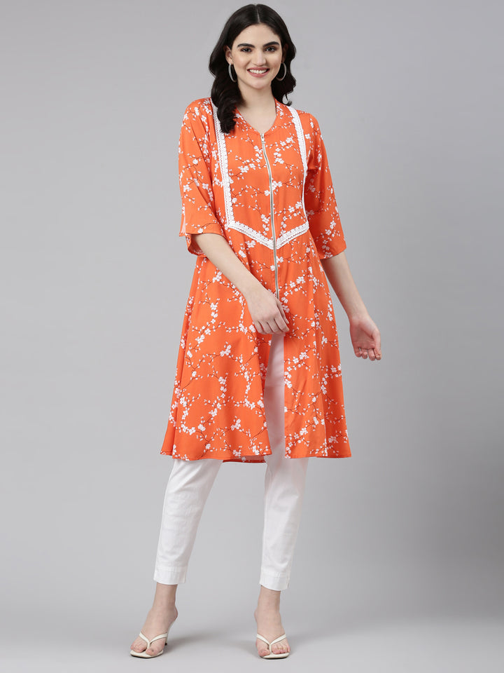 Neerus Orange Regular Straight Solid Kurta