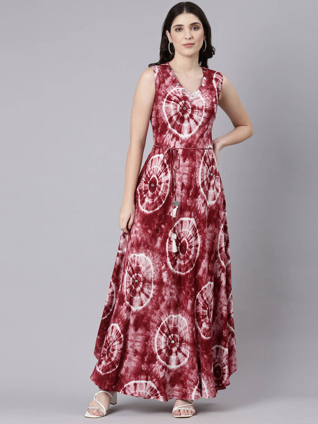Neerus Maroon Straight Casual Printed Maxi Dresses