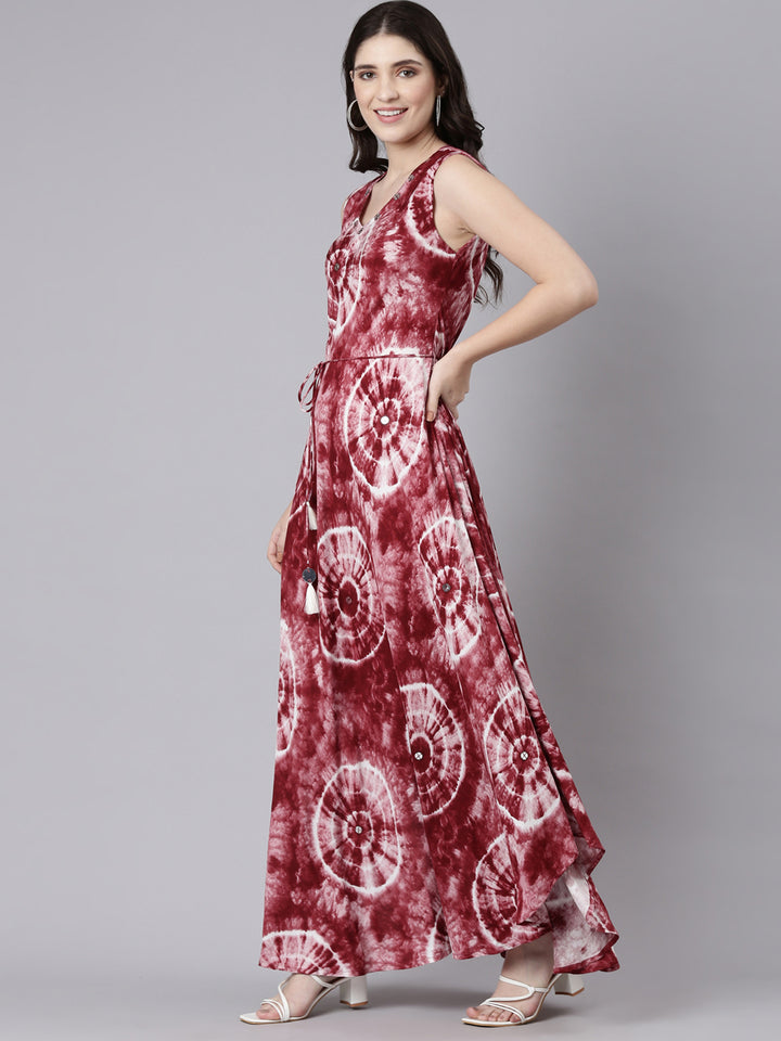 Neerus Maroon Straight Casual Printed Maxi Dresses