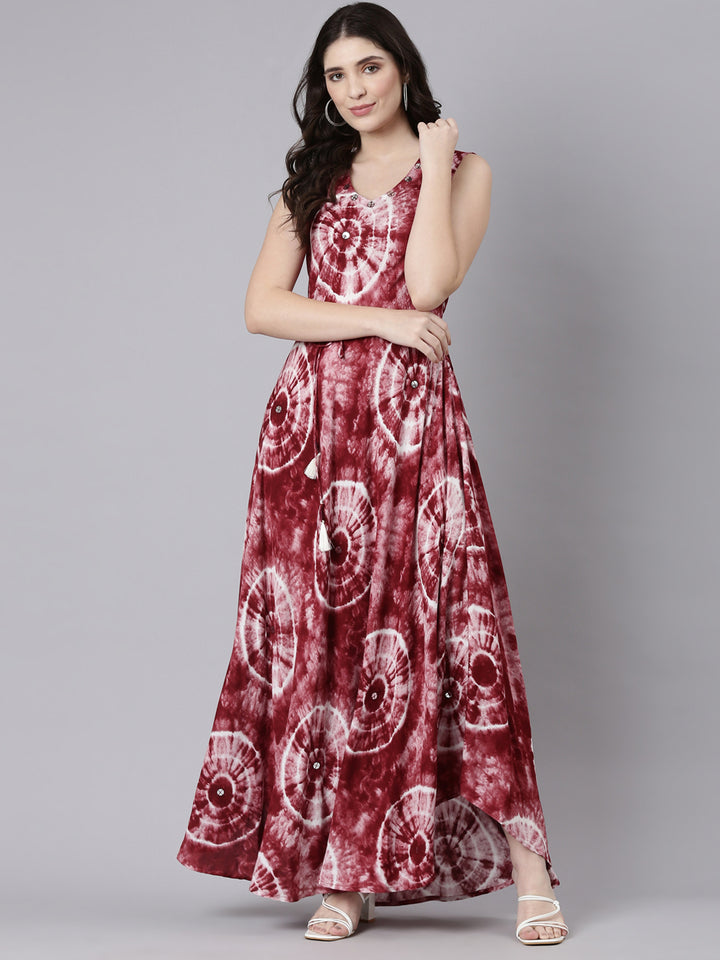 Neerus Maroon Straight Casual Printed Maxi Dresses