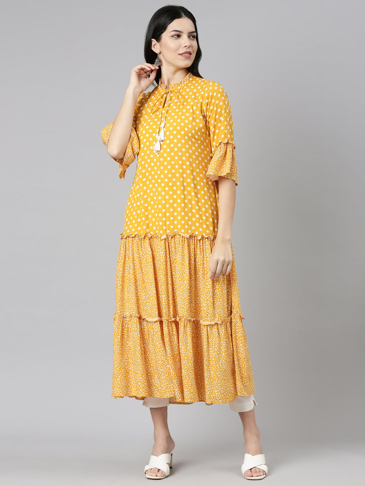 Neerus Mustard Straight Casual Printed Dress