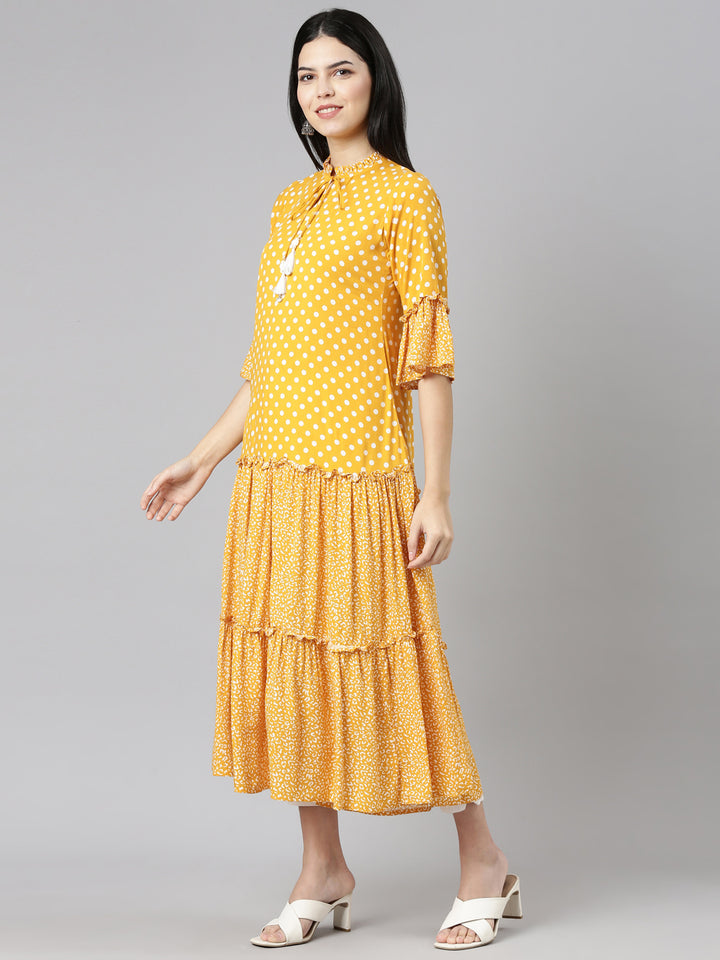 Neerus Mustard Straight Casual Printed Dress