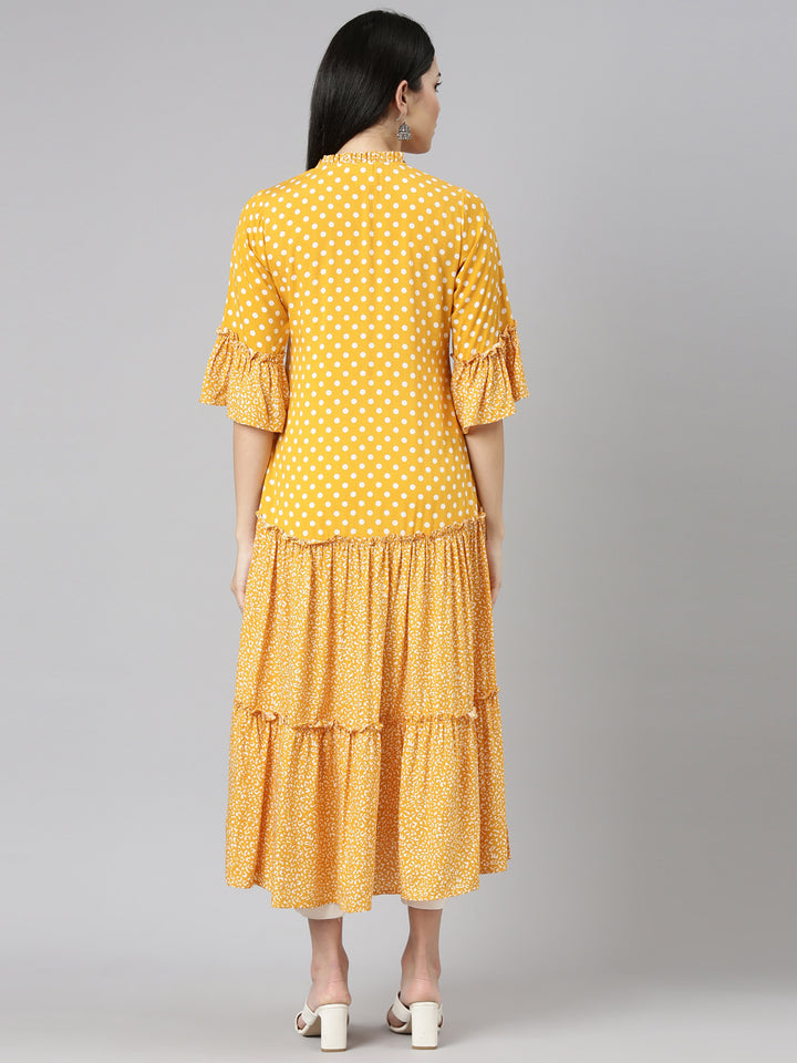 Neerus Mustard Straight Casual Printed Dress