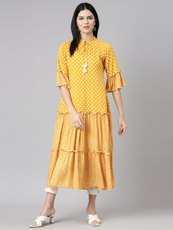 Neerus Mustard Straight Casual Printed Dress