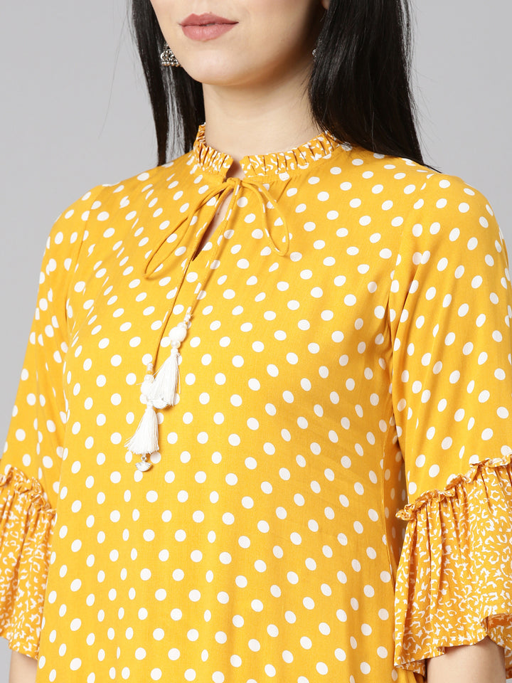 Neerus Mustard Straight Casual Printed Dress