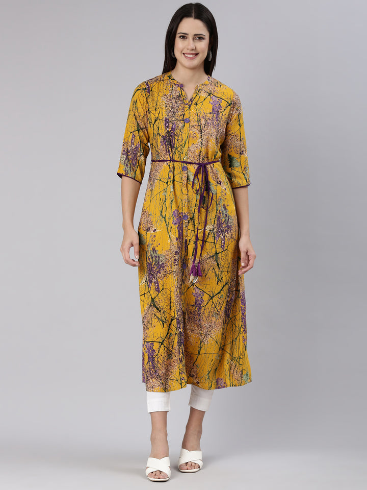 Neerus Mustard Straight Casual Tropical Dress