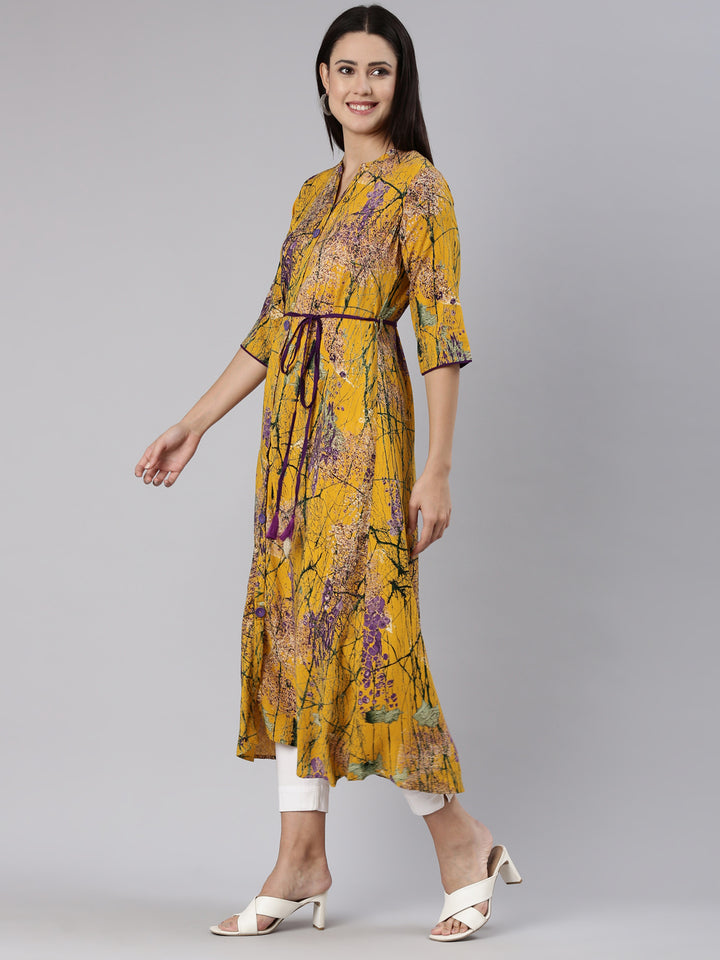 Neerus Mustard Straight Casual Tropical Dress