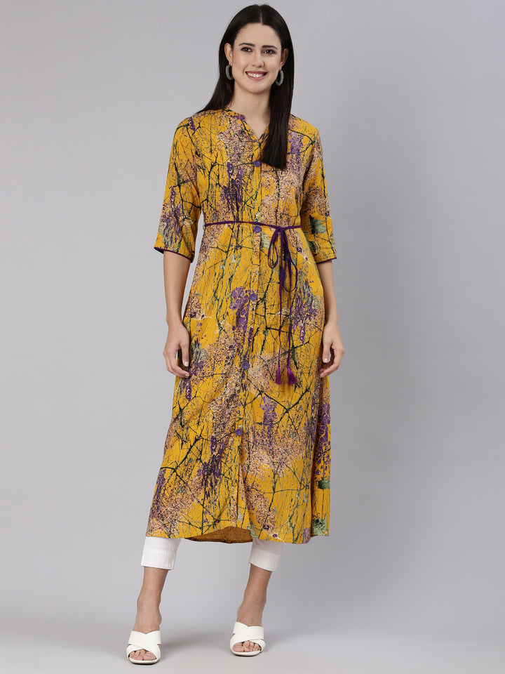 Neerus Mustard Straight Casual Tropical Dress