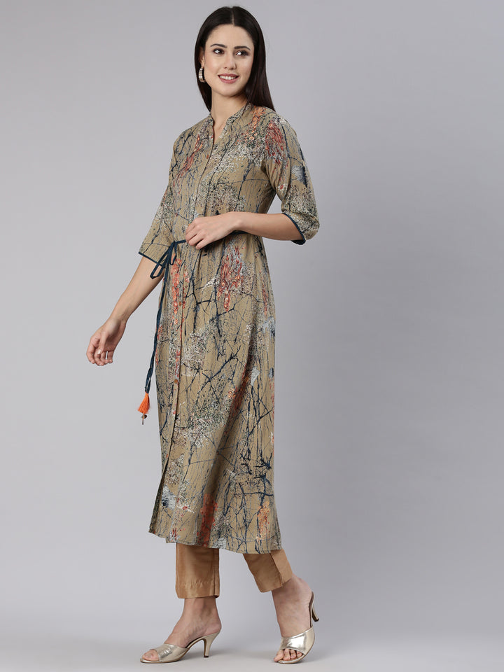 Neerus Green Straight Casual Tropical Dress