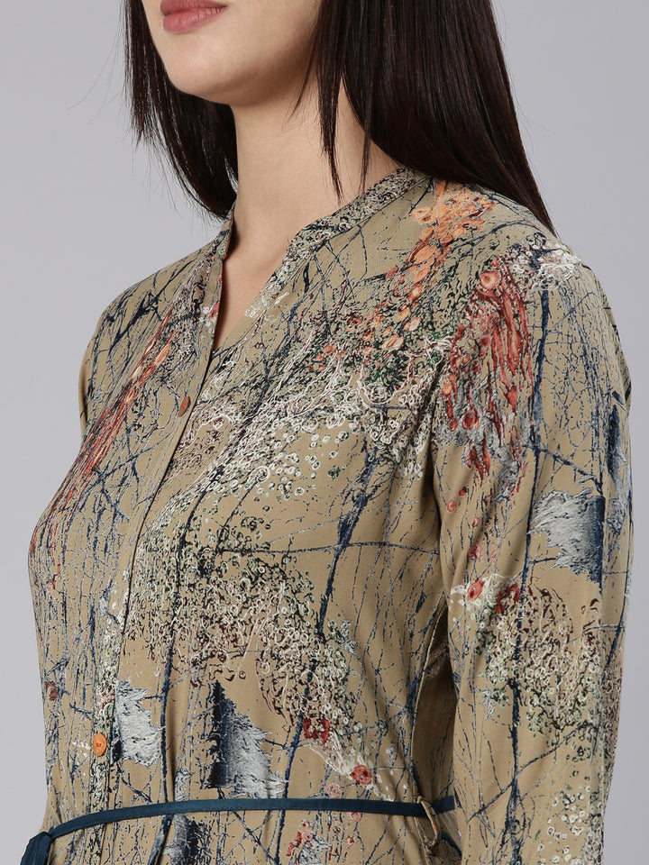 Neerus Green Straight Casual Tropical Dress