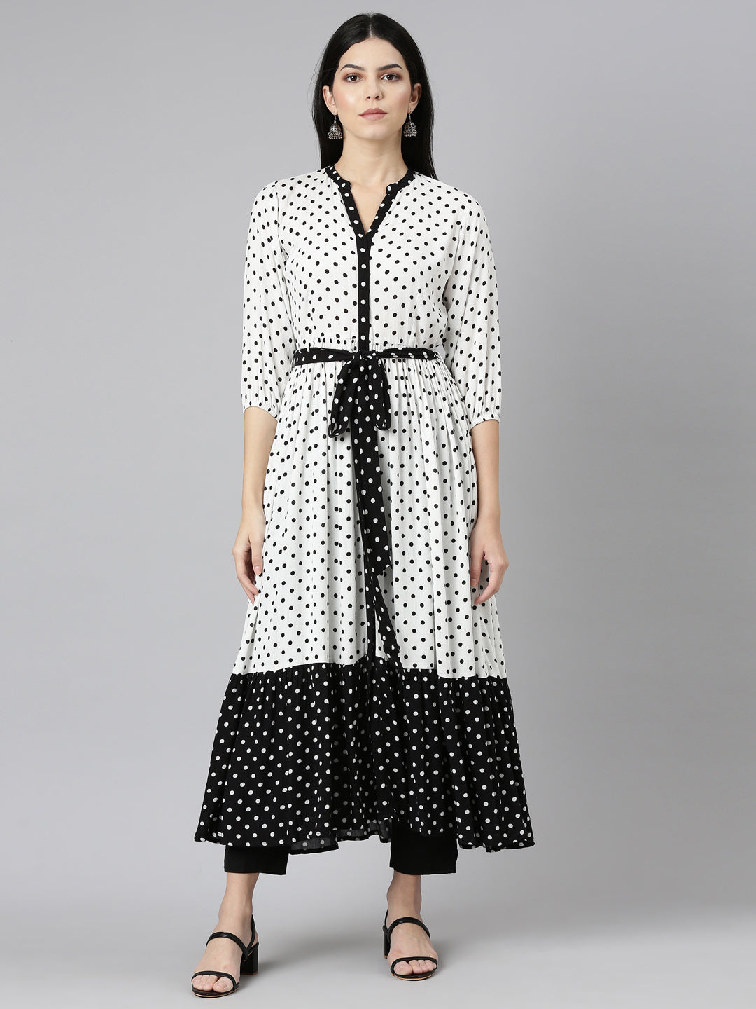 Neerus Black Flared Casual Printed Gown