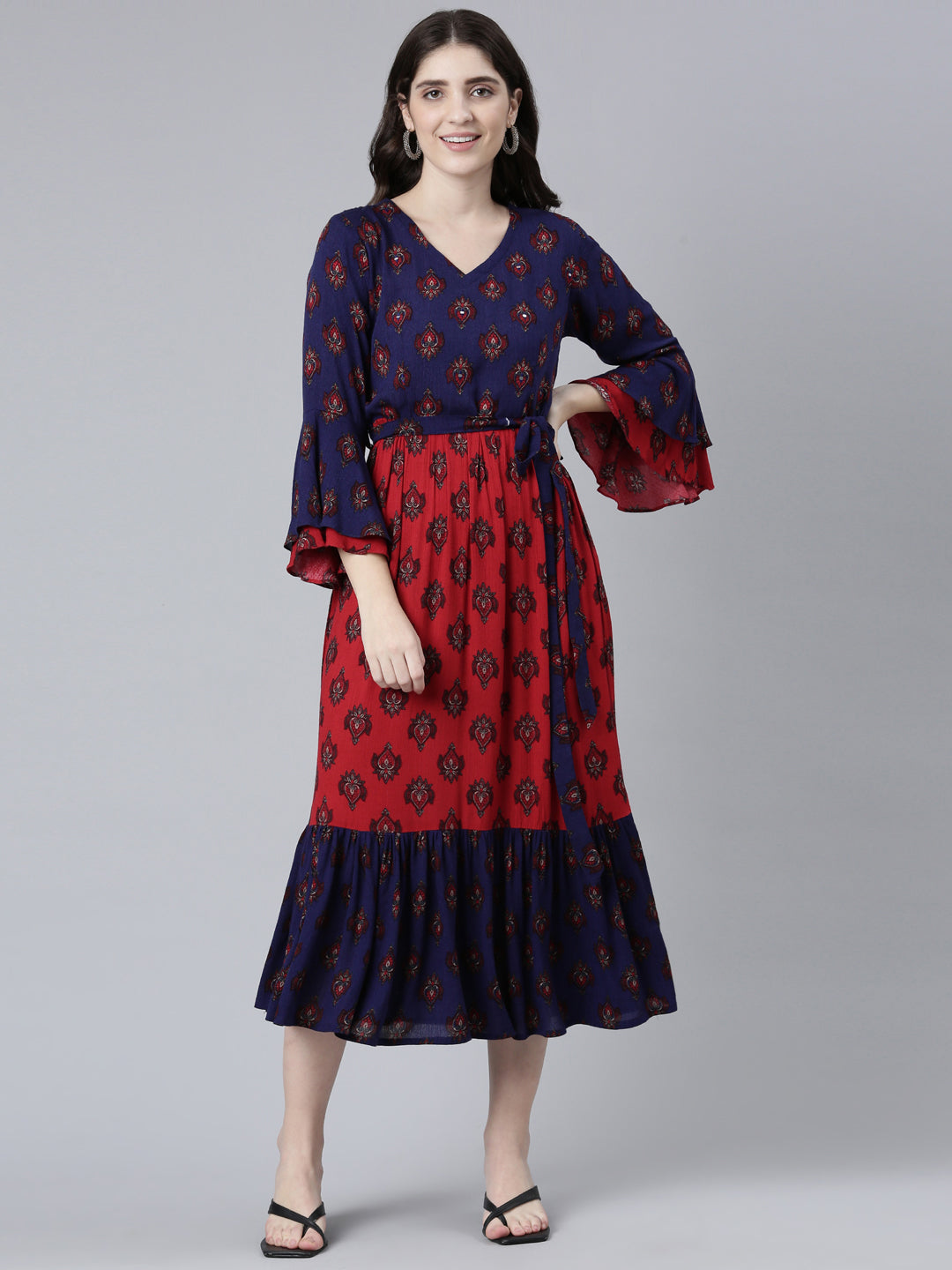 Neerus Maroon Straight Casual Printed Dress