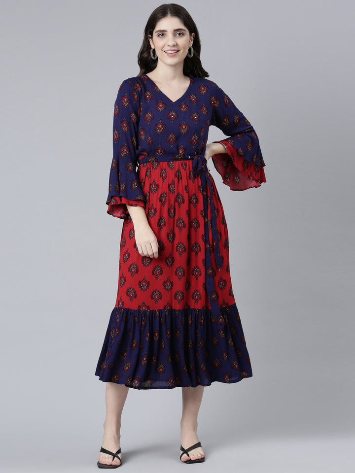 Neerus Maroon Straight Casual Printed Dress