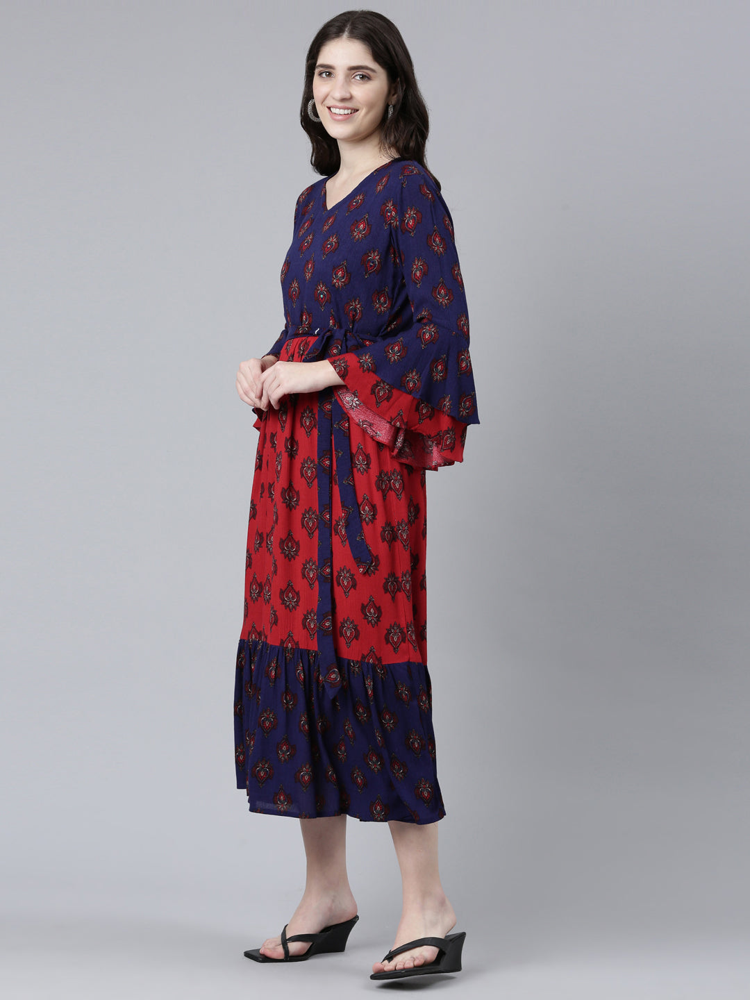 Neerus Maroon Straight Casual Printed Dress
