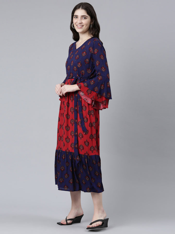 Neerus Maroon Straight Casual Printed Dress