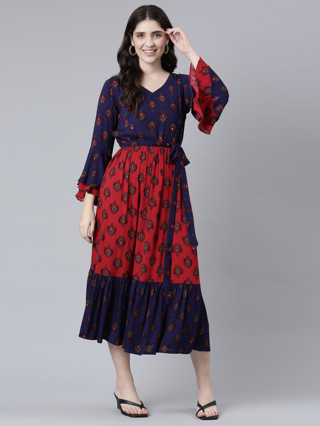 Neerus Maroon Straight Casual Printed Dress