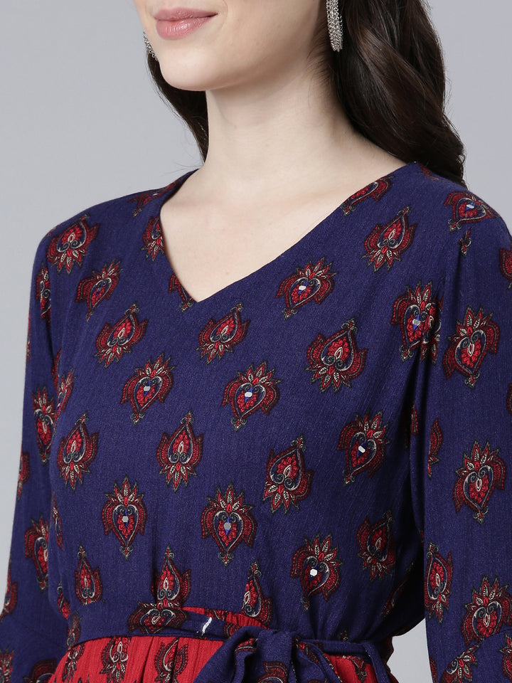 Neerus Maroon Straight Casual Printed Dress