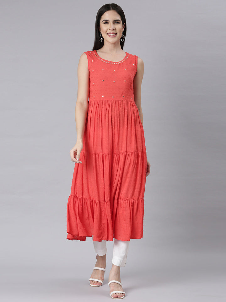Neerus Orange cotton embellished Anarkali kurti - front view
