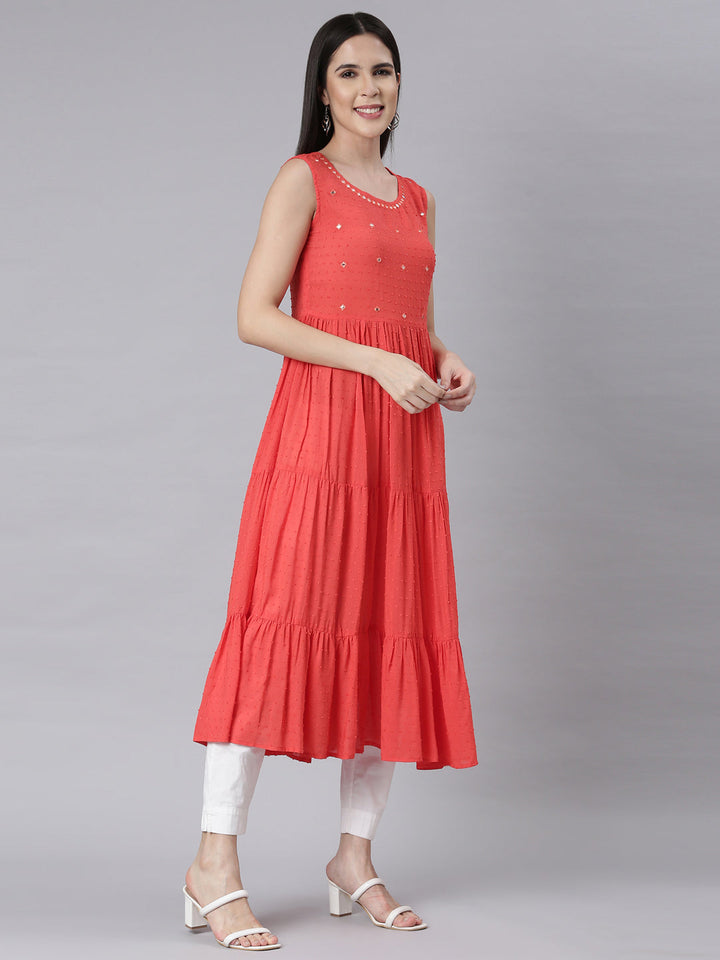 Neerus Orange cotton embellished Anarkali kurti - back view