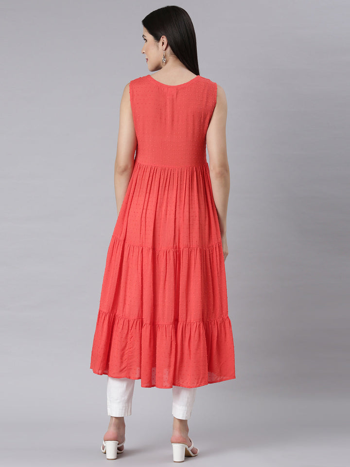 Neerus Orange cotton embellished Anarkali kurti - side view
