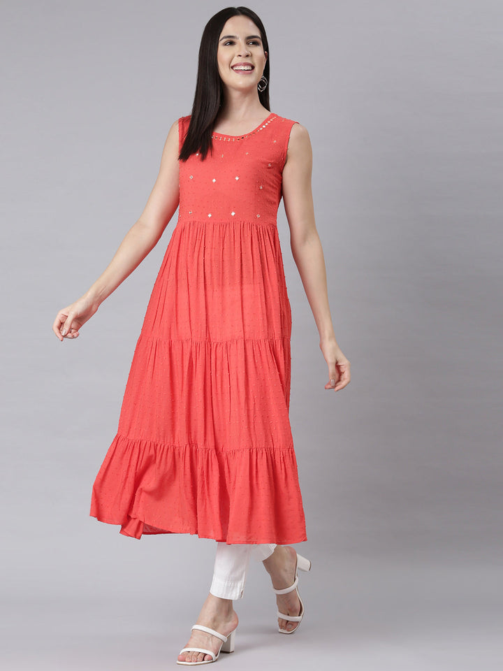 Neerus Orange cotton embellished Anarkali kurti - detail view 1